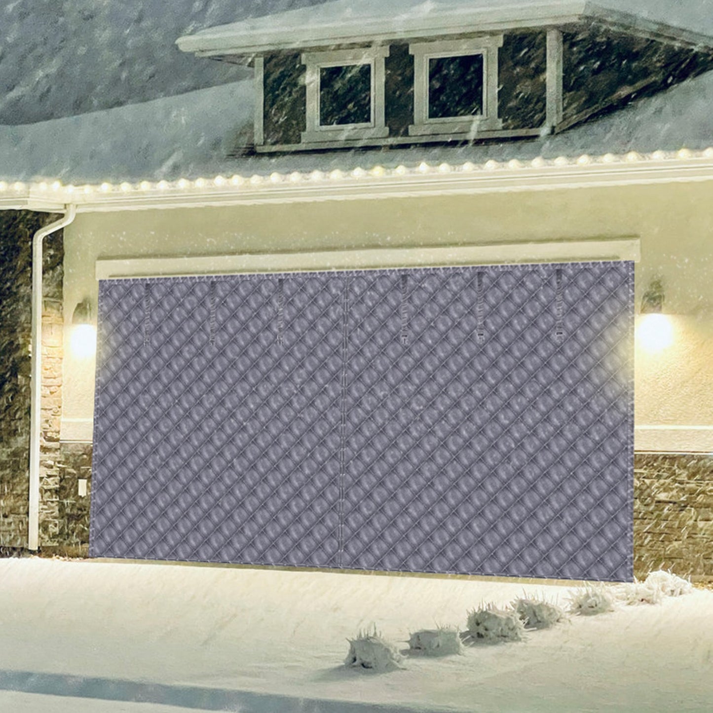 16*7FT Magnetic Thermal Insulated Garage Door Curtain for Winter Two-Car Garage Screen with Magnetic Closure 8 Roll Up Buckle Straps for Two Cars Weat