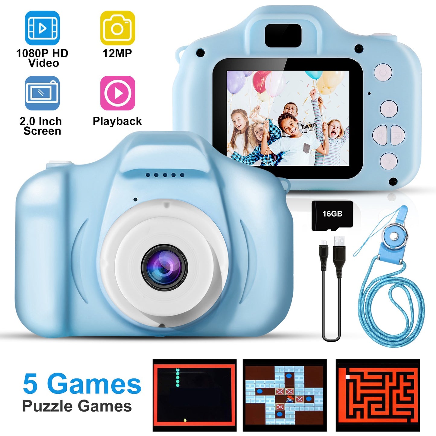 iMounTEK Kids Digital Camera w/ 2.0Ó Screen 12MP 1080P FHD Video Camera 4X Digital Zoom Games 32GB Card Supported Shockproof Child Camcorder for 3-10