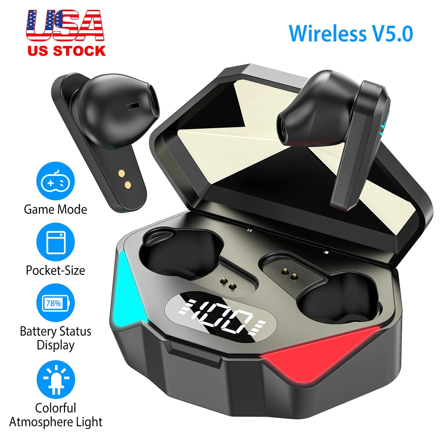 Wireless TWS 5.0 Earbuds Headphone in-Ear Earphone Headset with Charging Case Waterproof Low Latency Game Mode