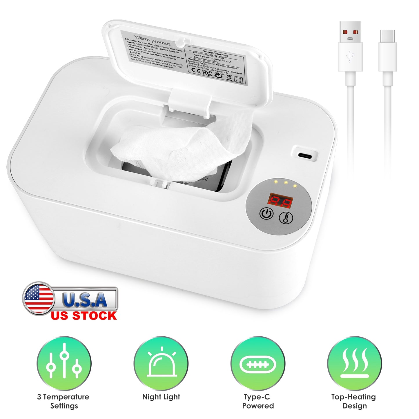Baby Wipe Warmer With 3 Temperature Settings Type-C Powered Baby Wet Wipes Dispenser With Night Light Large Capacity Diaper Wipe Warmer For Baby