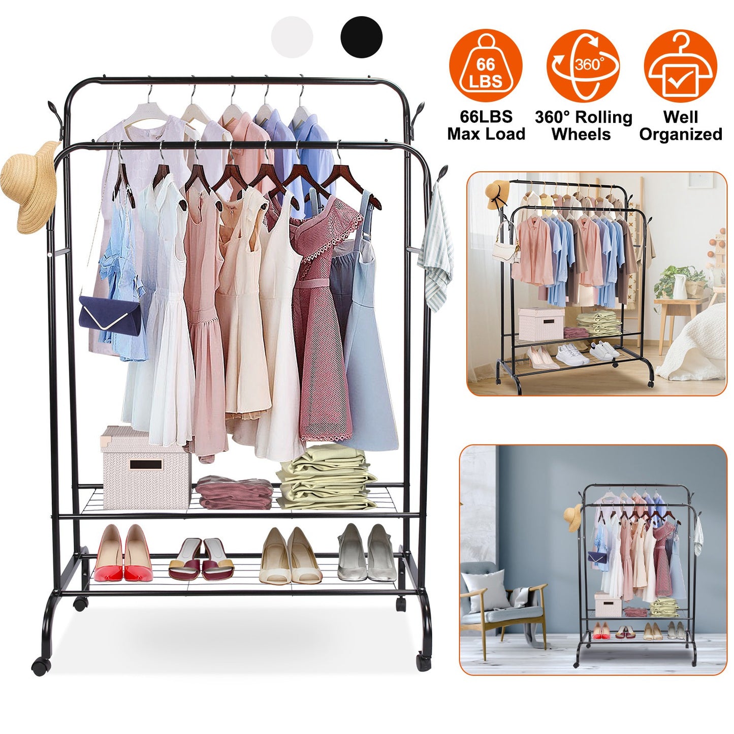 Garment Hanging Rack Clothing Hanging Rail Pillow Shoe Display Organizer Clothes Organizer Stand with 2 Rails 2 Shelves 4 Rolling Wheels 4 Hooks
