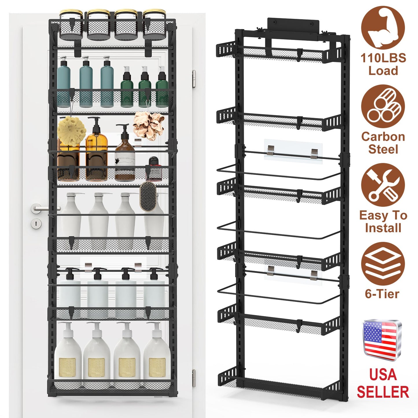 Over The Door Pantry Organizer 6-Tier Pantry Door Organizer Carbon Steel 110LBS Loading Easy Install Behind Door Storage For Closet Kitchen Bathroom 5