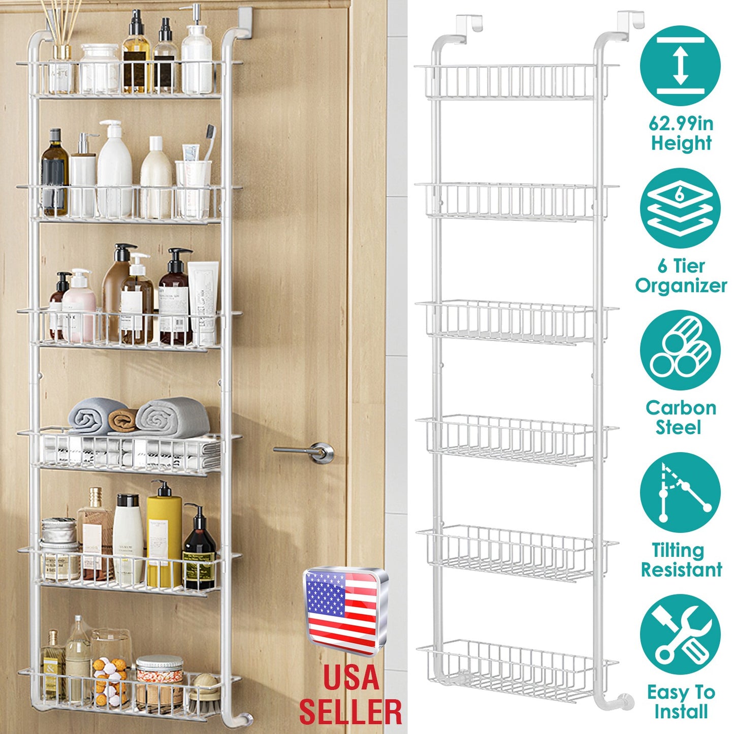 6 Tier Over Door Pantry Organizer Hanging Hooks Door Storage Rack Carbon Steel Basket 62.99in Over Door Shelf for Kitchen Bathroom