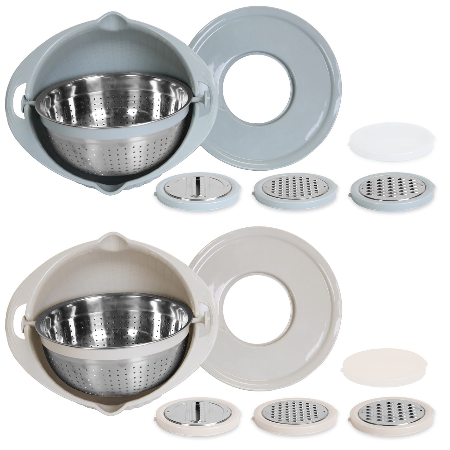 Multifunctional Mixing Bowl with Lid Set 3 Replaceable Graters Food Strainer and Colander Fruit Vegetable Washing Basket Stainless Steel
