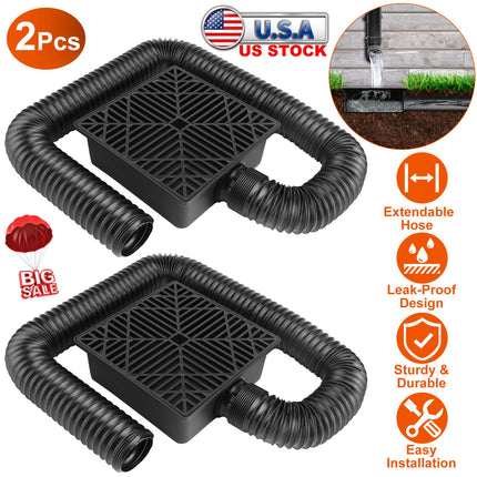 2Pcs Gutter Downspout Extension Low Profile No Deep Digging Catch Basin Downspout Extender with 4.9FT Flexible Extendable Hose For House Foundation Pr