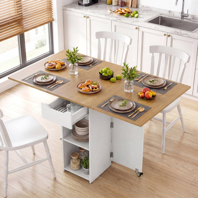 47.5 Inch Farmhouse Extendable Wooden Dinner Table with Lockable Wheels
