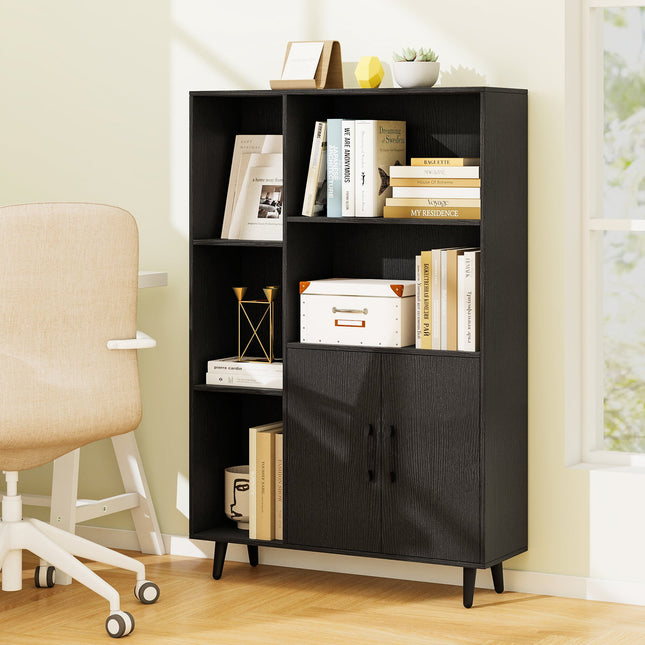 4 Inch Floor Bookshelf with 5 Open Compartments and Storage Cabinet-Black