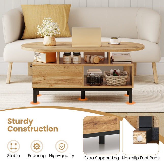 47 Inch Oval Coffee Table with Storage and Open Compartments for Living Room