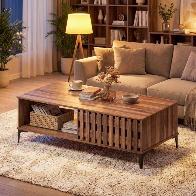 47 Inches Mid Century Coffee Table Farmhouse Wooden Center Table