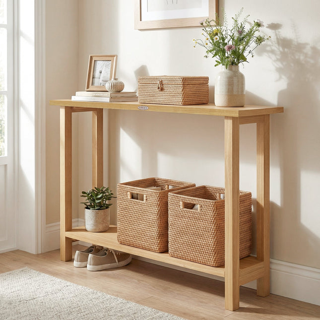 47 Inch Solid Wood Console Table with Teak Wood Frame and Storage Shelf