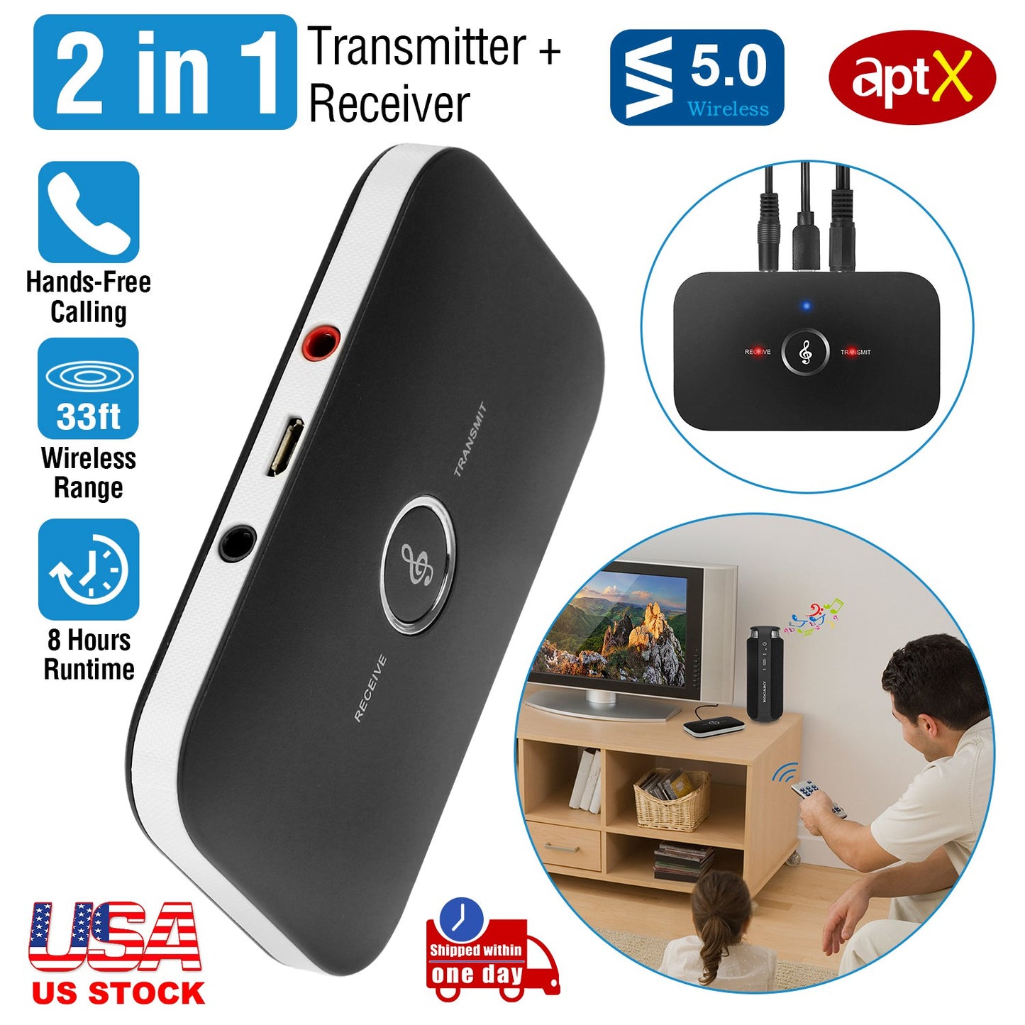 Wireless V5.0 Transmitter Receiver with aptX Low Latency 2-in-1 Wireless 3.5mm Audio Adapter for TV Headphones Speakers PC Sound System Car
