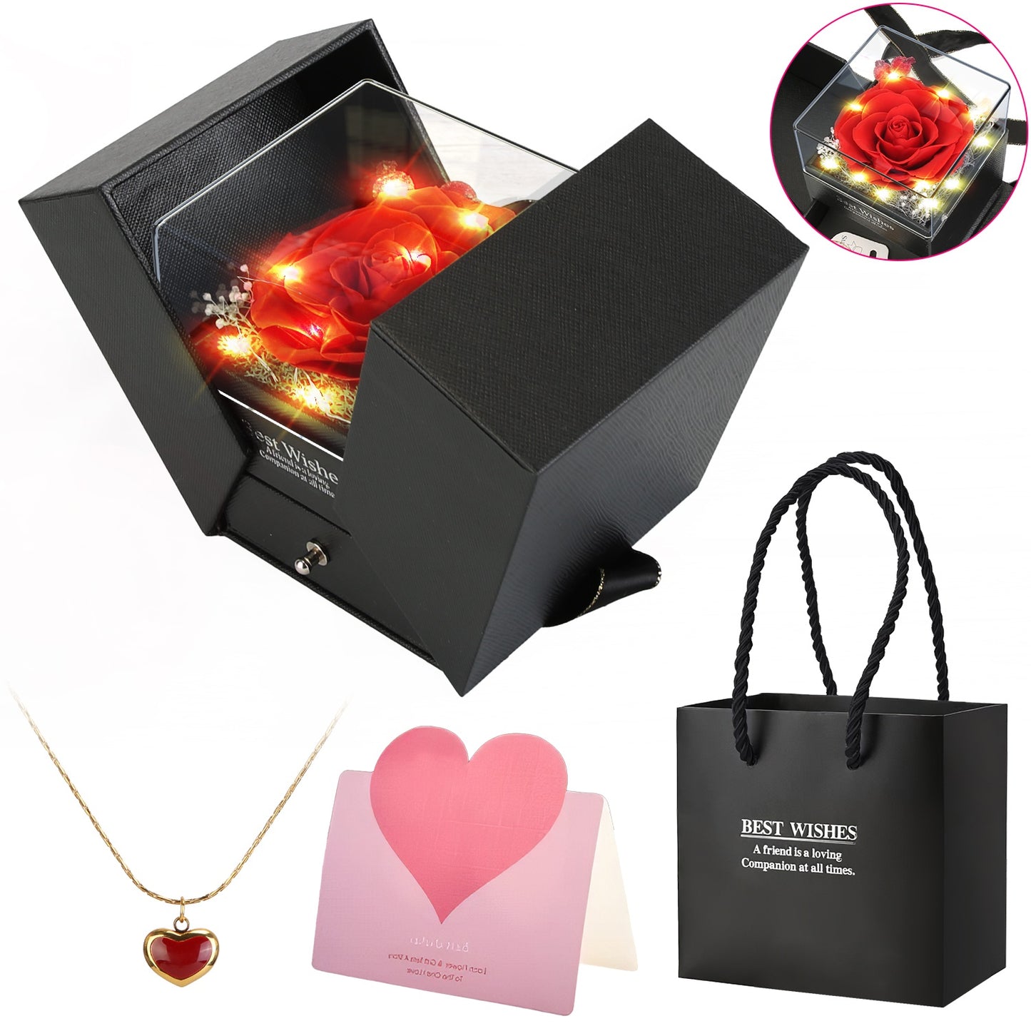 Preserved Red Real Rose with Heart Necklace Eternal Flowers Rose with Golden Necklace Gifts for Women Mom Wife Girlfriend Grandma on Valentine Mother