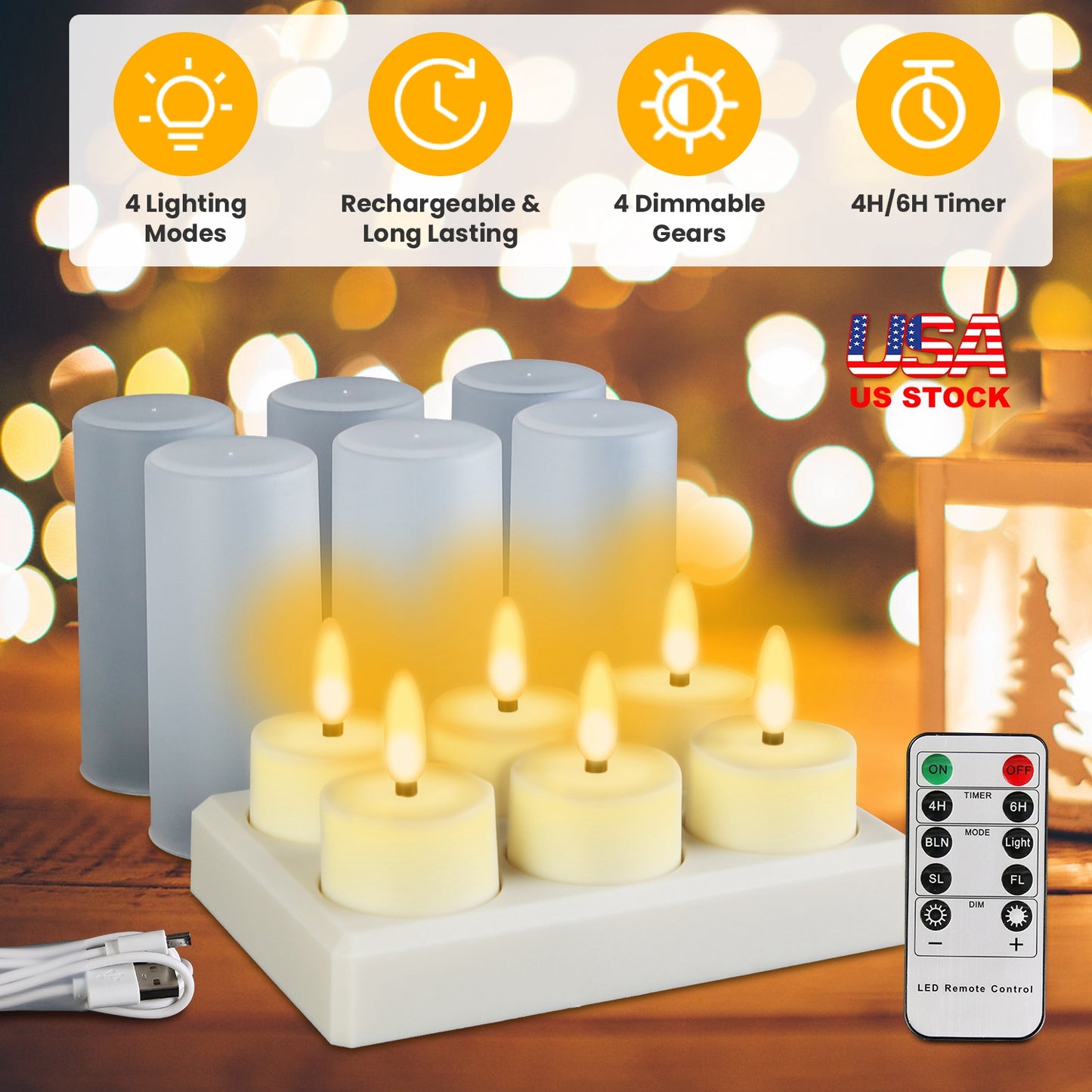 6Pack Rechargeable Tea Lights With Charging Base Flameless Flickering LED Candles with Timer Remote Control for Halloween Christmas Wedding Party