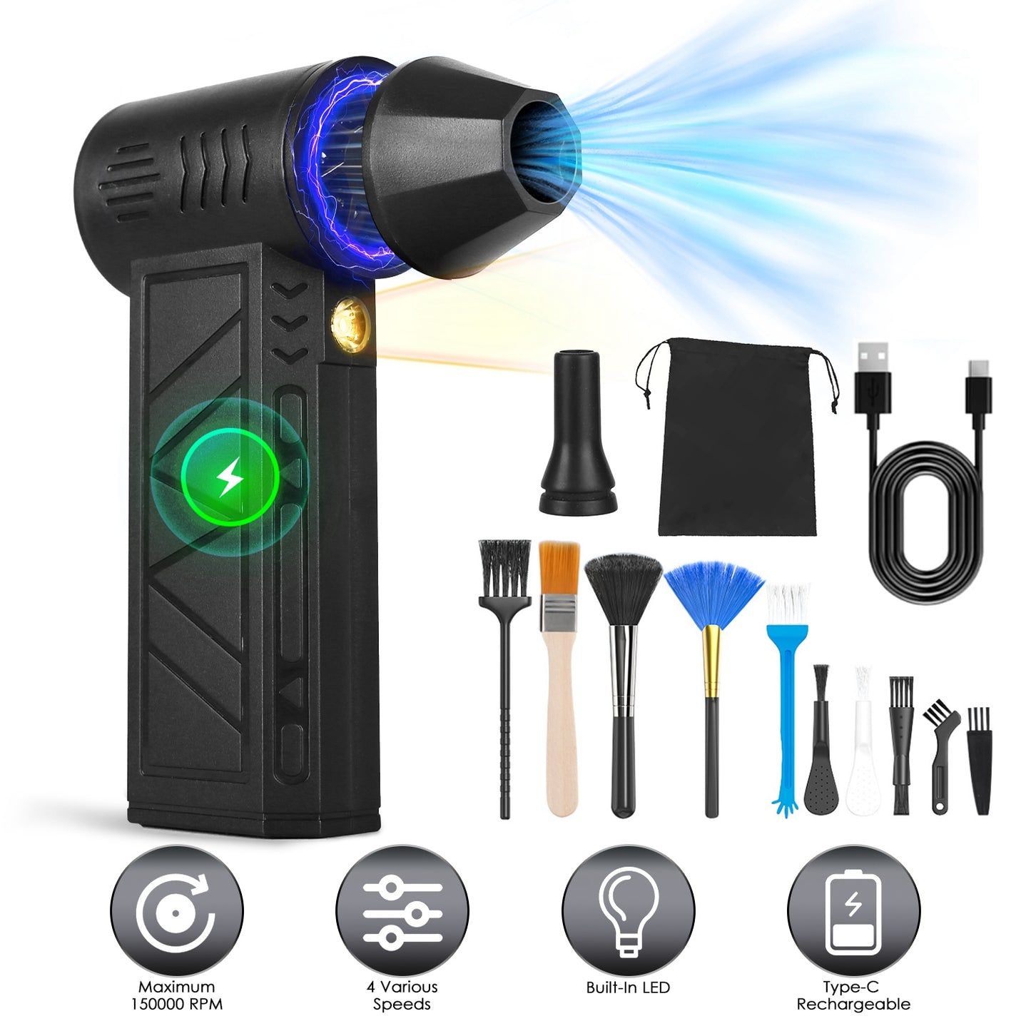Compressed Air Duster with LED Light Up to 150000RPM Speed for PC Keyboard Cleaning High Speed Rechargeable Cordless Air Blower with 4 Speeds for Home