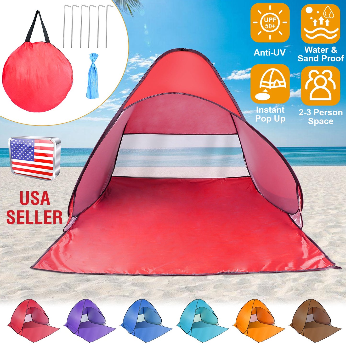 Pop Up Beach Tent Sun Shade Shelter Anti-UV Automatic Waterproof Tent Canopy for 2/3 Man w/ Net Window Storage Bag for Outdoor Beach Camping Fishing P