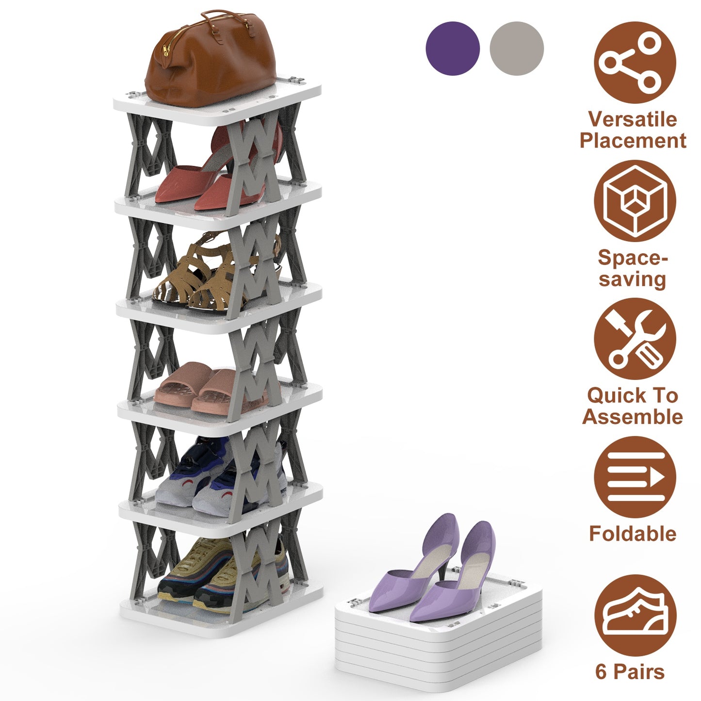 6 Tier Foldable Shoe Rack Vertical Shoe Organizer Narrow Shoe Rack for Small Spaces Space Saving Free Standing for Corner Entryway Hallway Bedroom