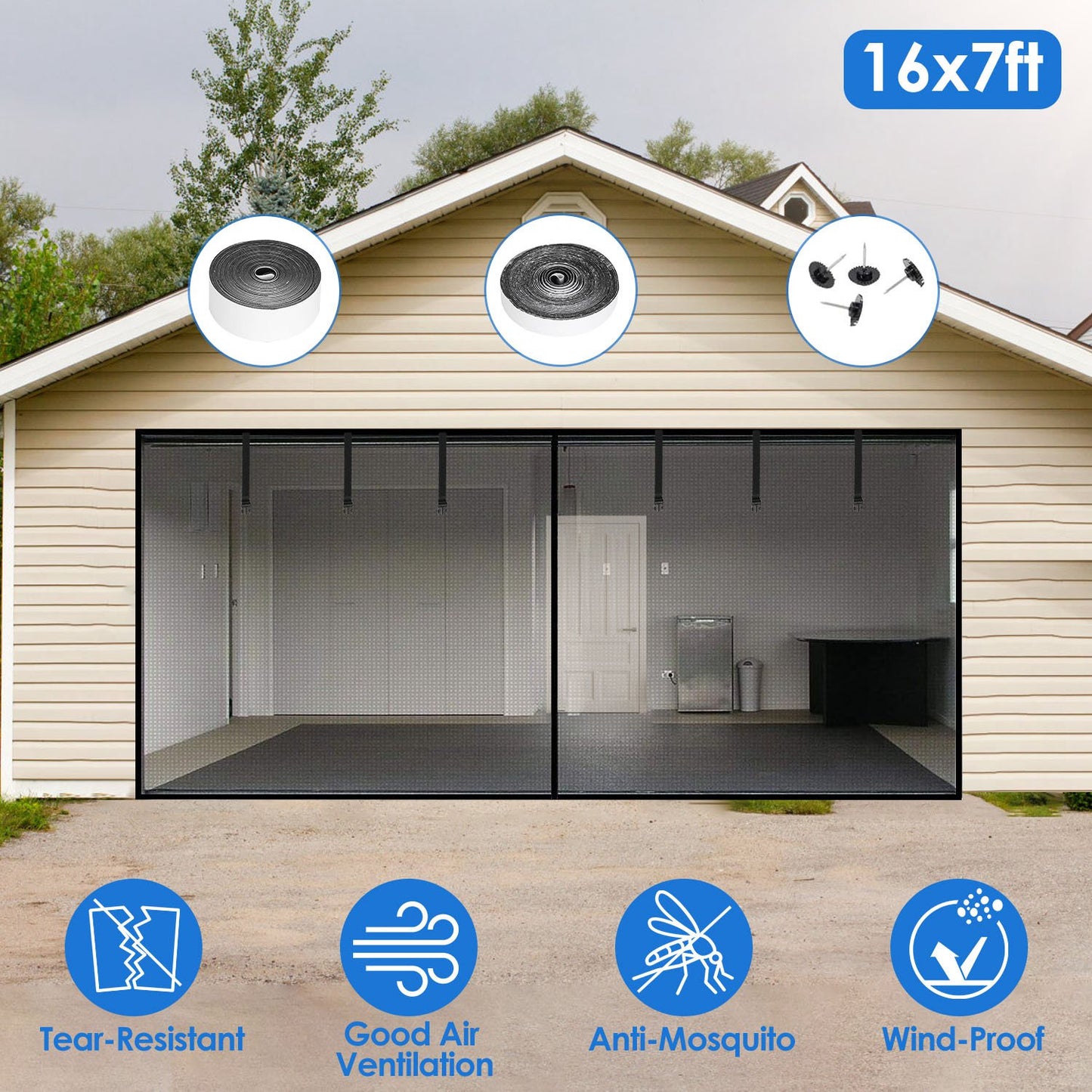 16x7FT Magnetic Garage Door Screen Two-Car Garage Screen Mesh Fiberglass Garage Net with Magnetic Closure 6 Buckle Straps for Two Cars