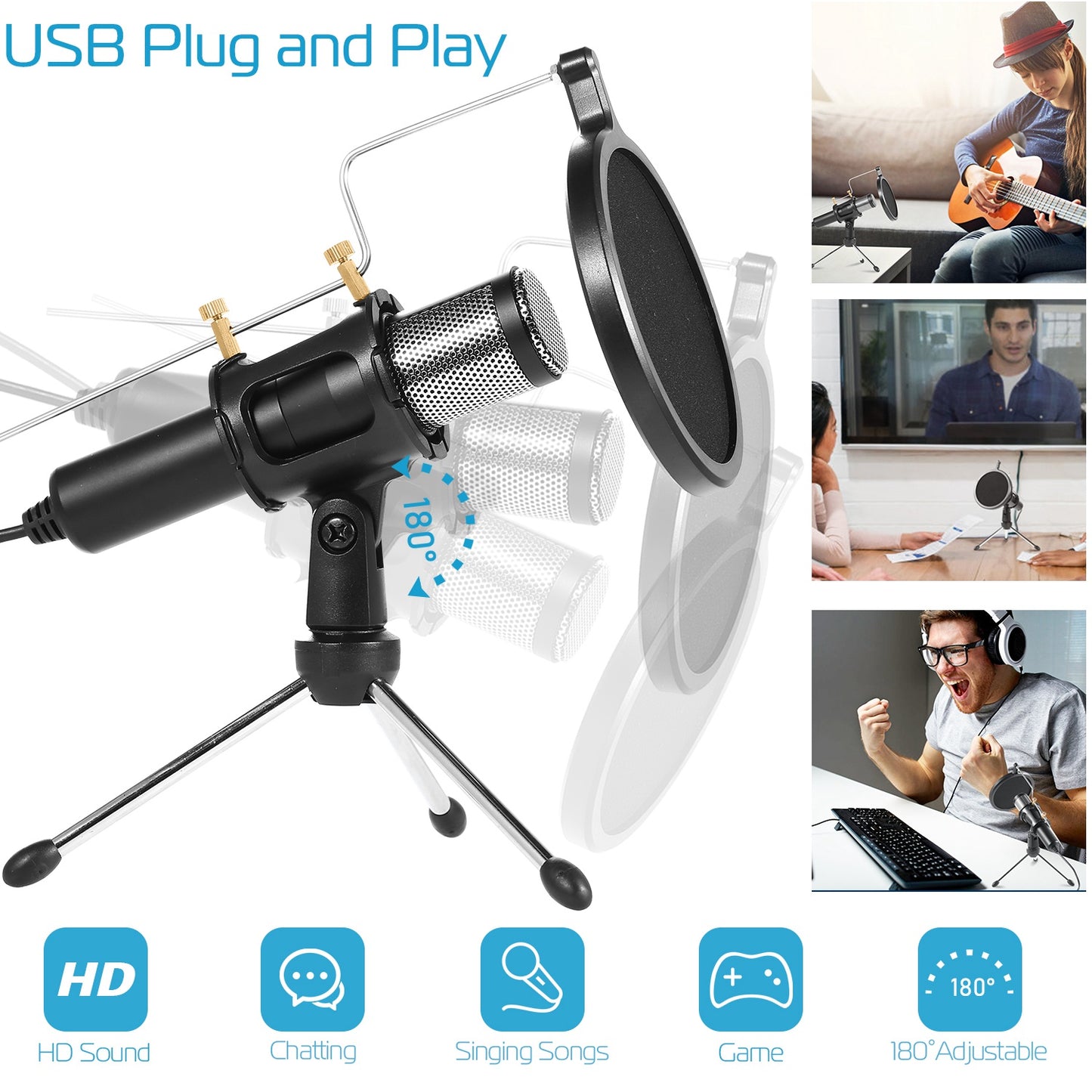 Professional Condenser Microphone Studio Recording Cardioid Microphone w/180¡ Tripods Pop Filter USB Plug for Podcasting Gaming Chatting