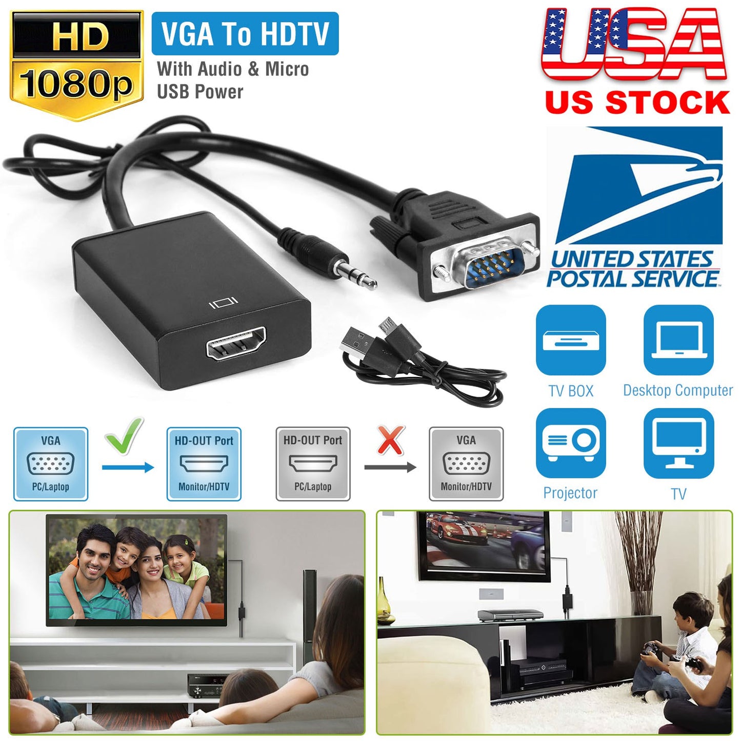 VGA to HD IN & HD OUT Converter Adapter HD 1080P Video Audio Cable Adapter w/ USB 3.5mm Plug For HDTV TV Projector Laptop