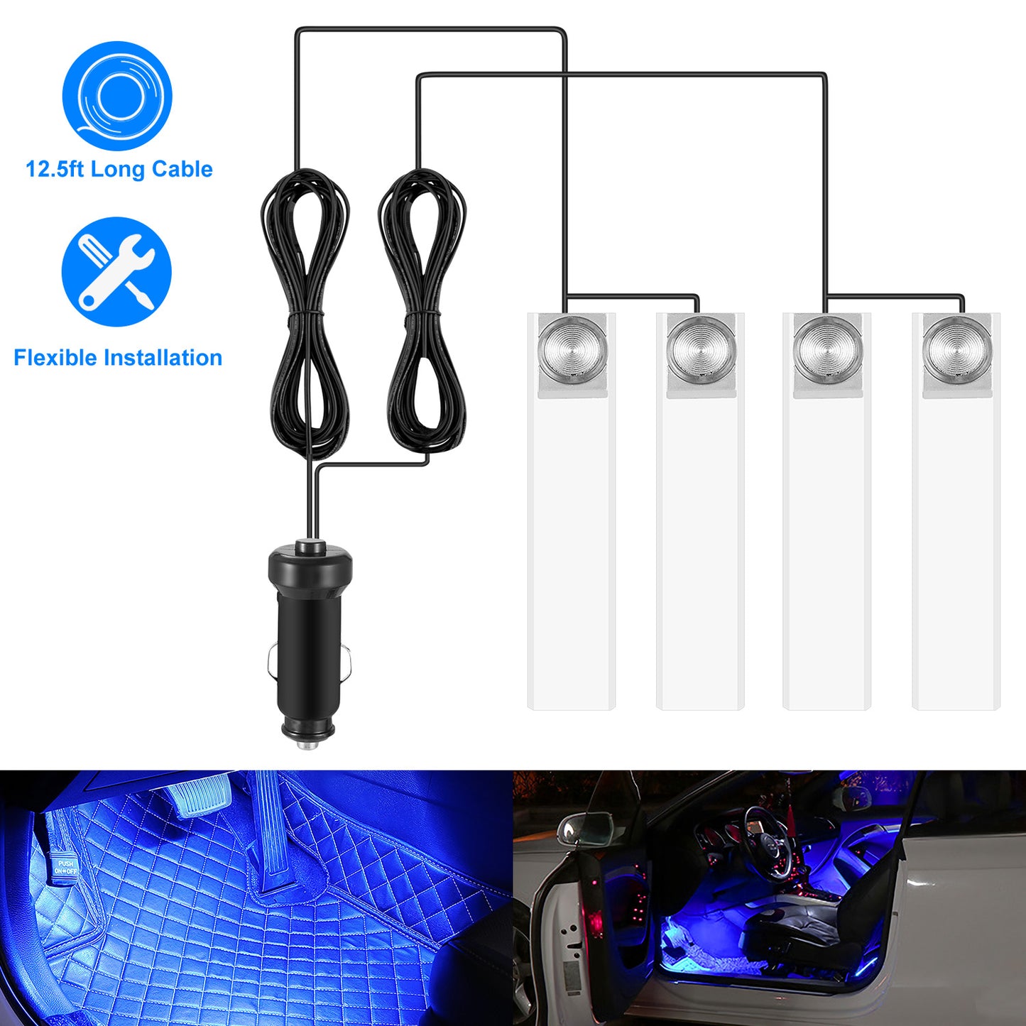 4Pcs Car Interior LED Atmosphere Light Car Charge Decorative Lamp DC 12V Blue Light