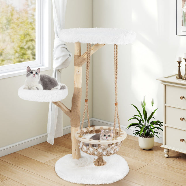 48.5 Inch Solid Wood Cat Tree with Hanging Cradle and Jute Scratching Post-White