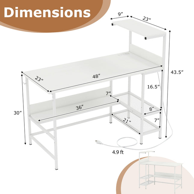 48 Inch Computer Desk with Power Outlets and Storage Shelves