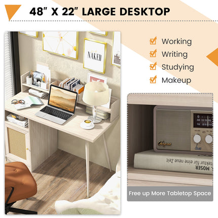 48 Inch Computer Desk with Hutch and PE Rattan Cabinet Shelves