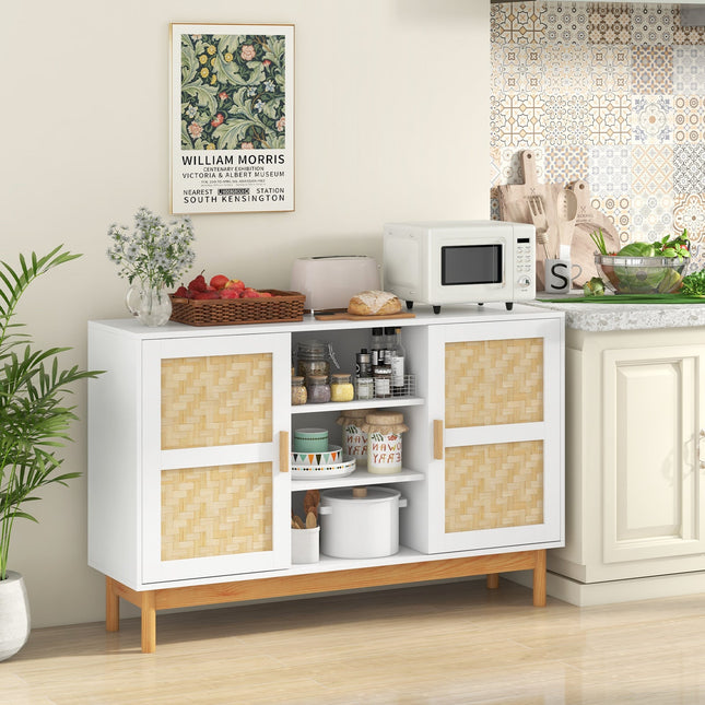 48 Inch Sideboard Buffet Cabinet Floor Storage Cabinet with 2 Bamboo Woven Doors-White