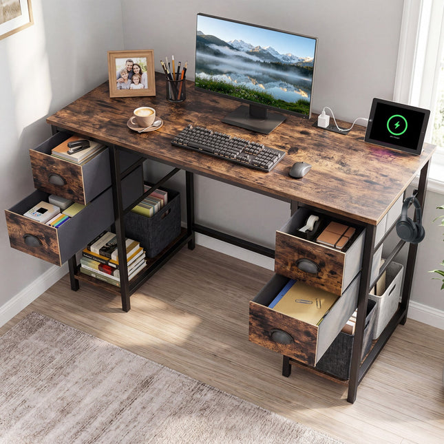 48-Inch Computer Desk with Power Outlet & 4 Fabric Drawers