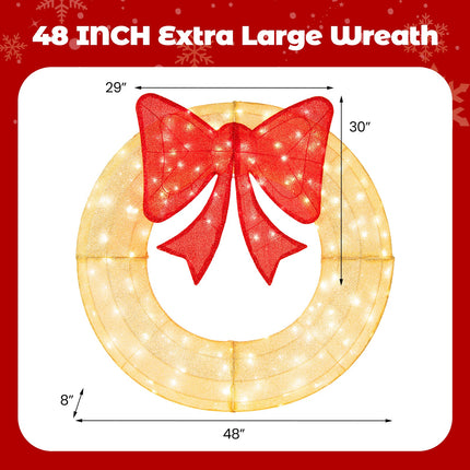 48 Inch Pre-Lit Lighted Christmas Mesh Wreath with Bow and 200 LED Bulbs