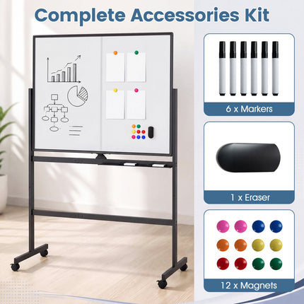 48" x 36" Double-Sided Mobile Whiteboard with Lockable Wheels