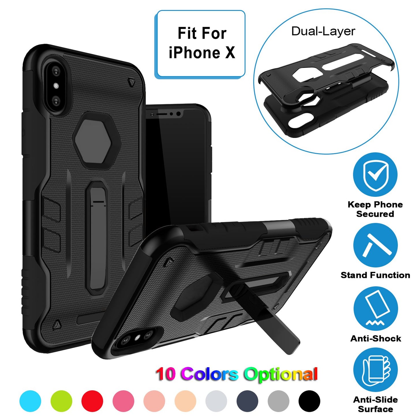 Rugged Phone Case for iPhone X Drop-protection Phone Case with Kickstand Heavy Duty Dual Layers Phone Protective Cover