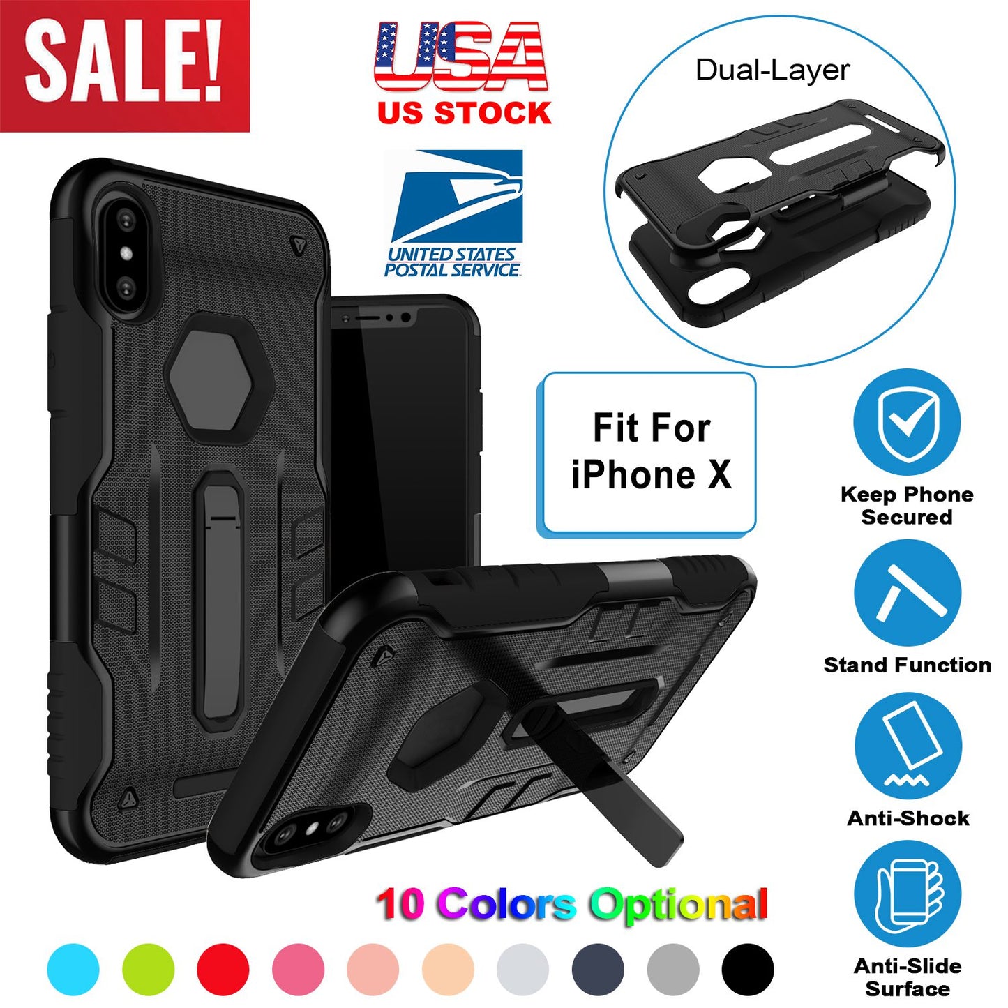 Rugged Phone Case for iPhone X Drop-protection Phone Case with Kickstand Heavy Duty Dual Layers Phone Protective Cover