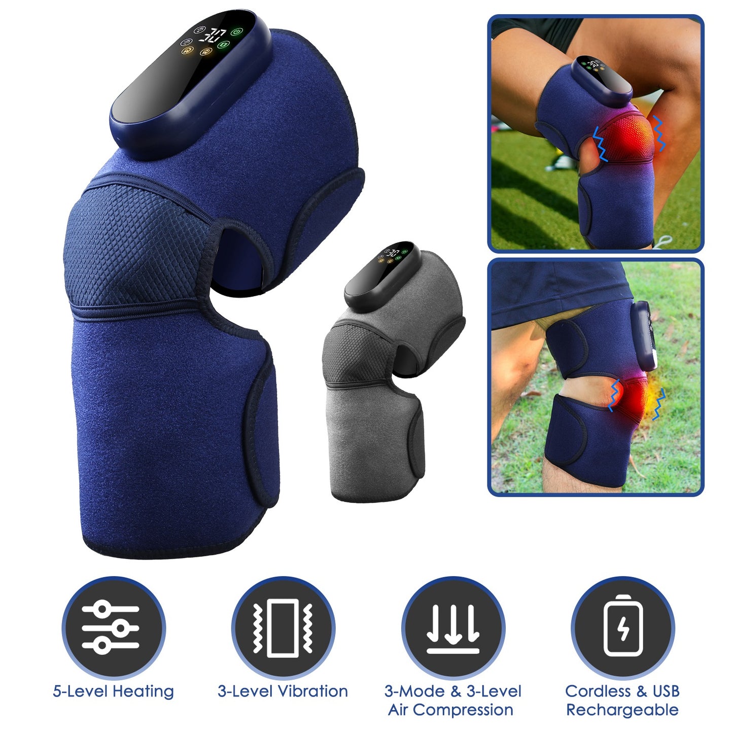Cordless Knee Massager Heated Knee Brace Wrap Electric Knee Heating Pad with 5-Level Heating 3-Level Vibration 3-Mode & 3-Level Air Compression