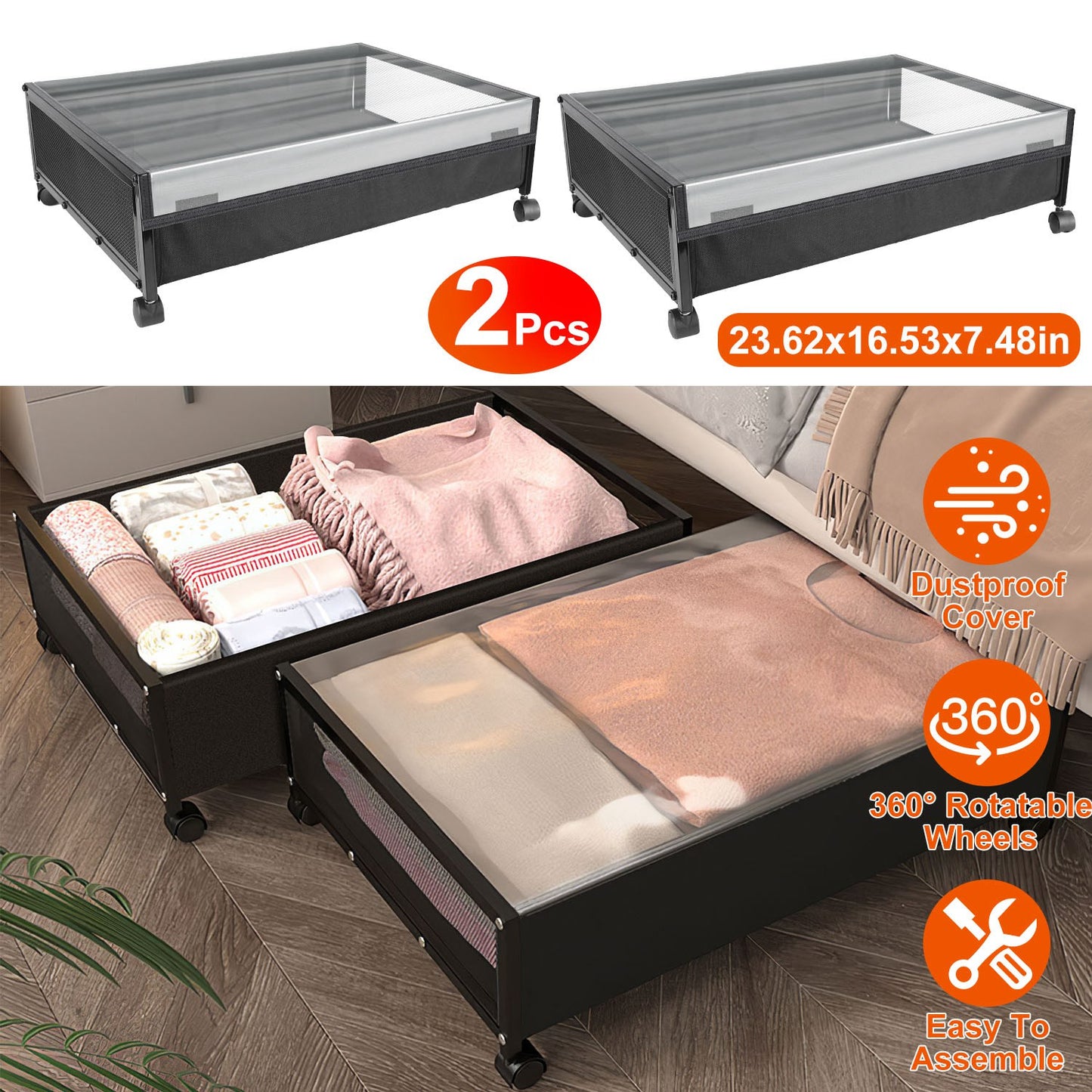 2Pcs Under Bed Storage Containers with 360¡ Rotatable Wheels Visible Dustproof Cover Under Bed Drawer with Clear Window Bedroom Storage Organizer