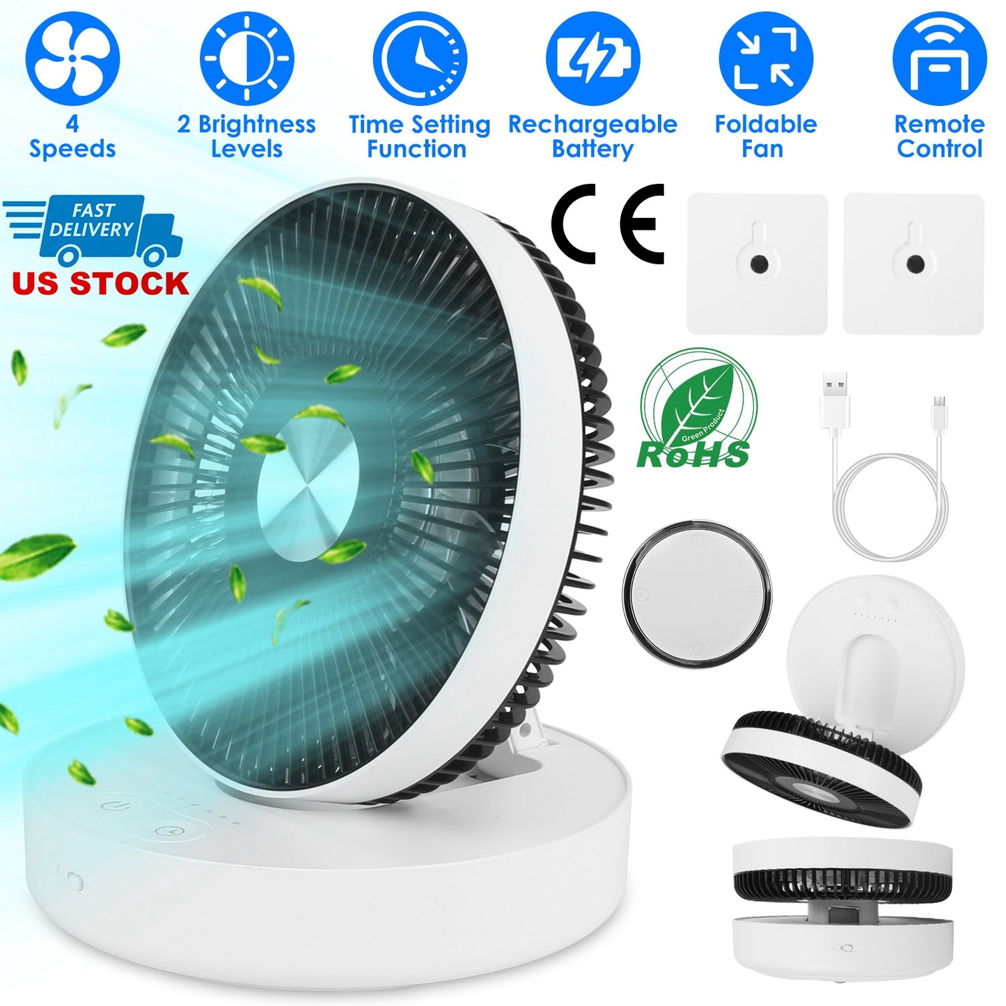 Foldable Rechargeable LED Desk Fan Wall Mounted Fan with Magnetic Remote Hanging Oscillating Fan with 4 Speeds 2 Brightness Time Setting Automatic Rot