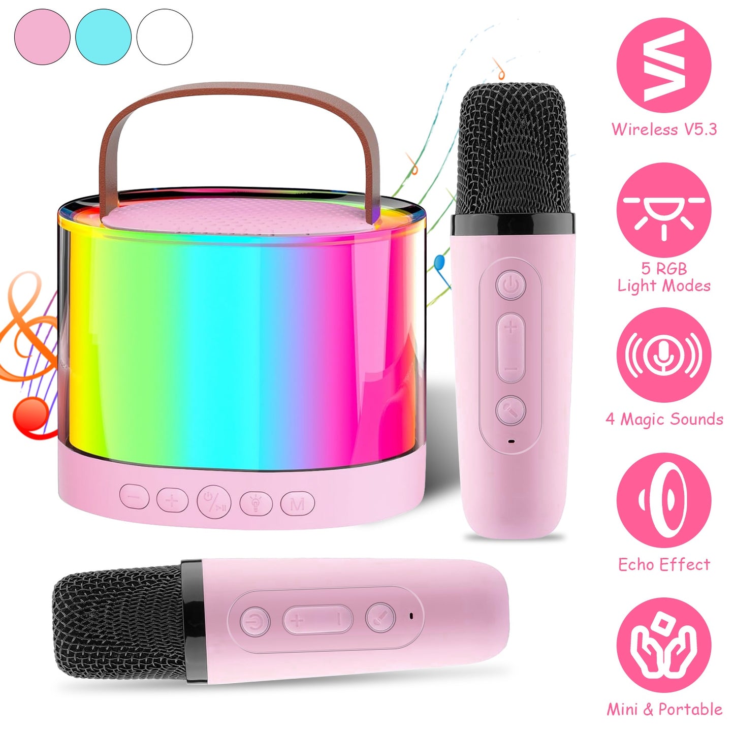 Mini Karaoke Machine With 2 Wireless Microphones Portable Karaoke Set for Kids Adults with RGB Lights Magic Sounds Echo Effect Gift for Boys Girls