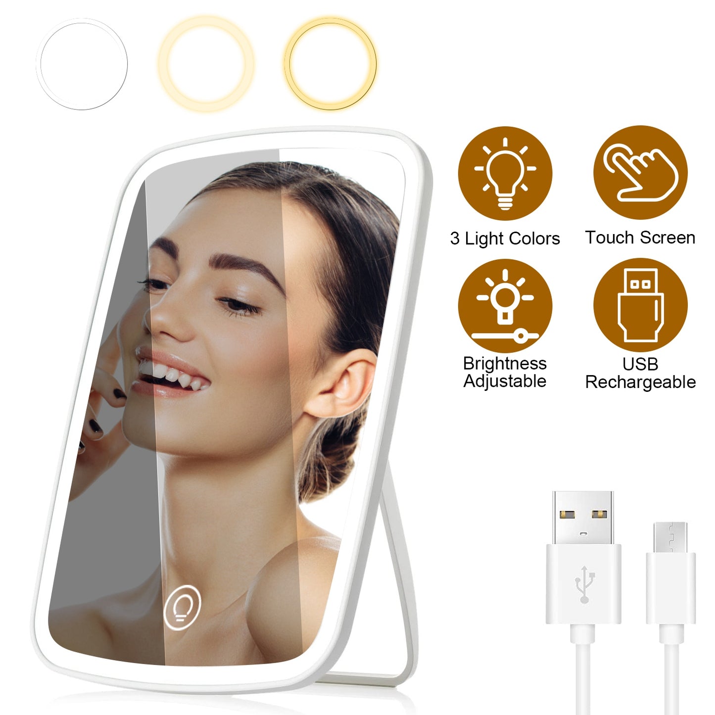 5.98x8.62in Lighted Makeup Mirror Vanity Desk Mirror Small LED Mirror with 3 Light Colors Touch Screen Brightness Adjustable USB Rechargeable