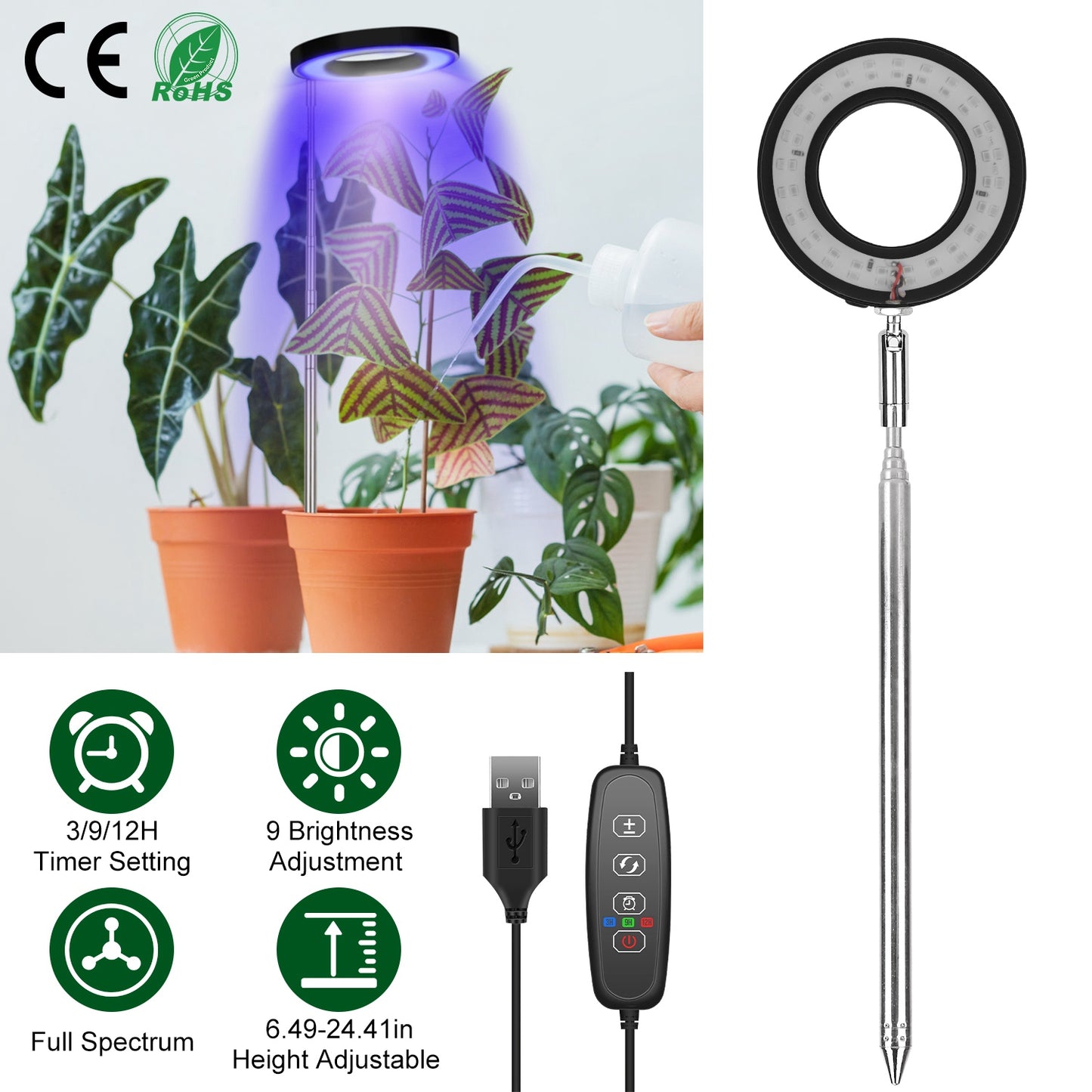 Plant Grow Light LED Full Spectrum Circle Growing Lamp with 3/9/12Hours Auto Timer Setting 9 Dimmable Brightness Height Adjustable for Indoor Plants