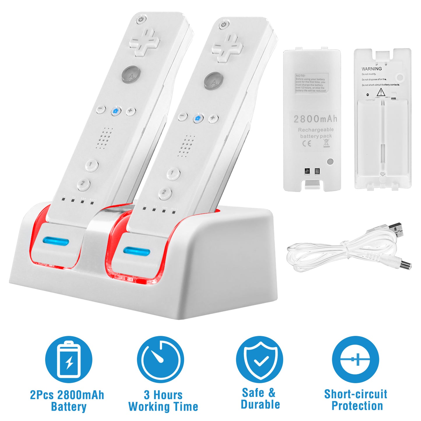 For Wii Remote Controller Charger Dual Charge Dock with Two 2800mAh Rechargeable Batteries