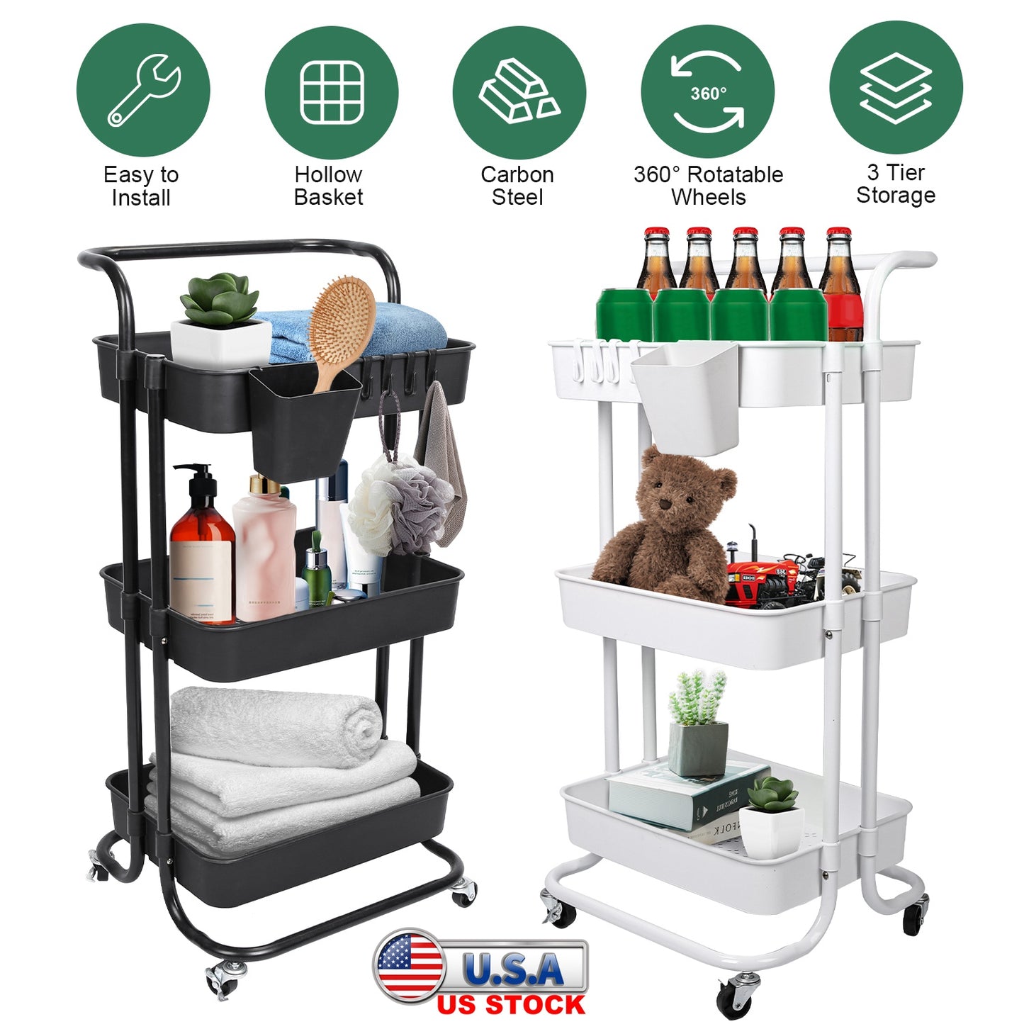 3 Tier Rolling Utility Cart Movable Storage Organizer with Mesh Baskets Lockable Wheels 360 Degree Rotatable Hanging Box Hooks Bedroom Bathroom Kitche