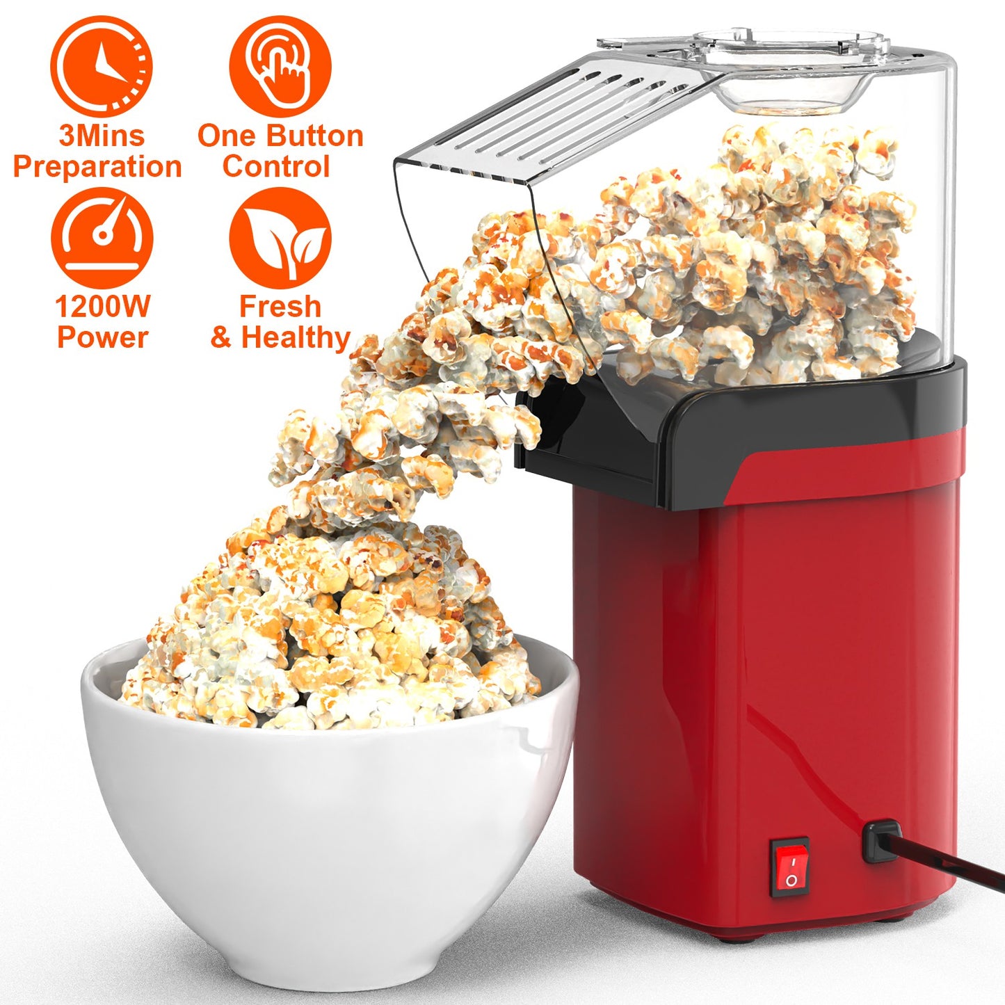 Hot Air Popcorn Popper Maker with Measure Cup And Butter Warmer 1200W Oil-Free Easy To Use 8Cups Mini Popcorn Maker Machine for Home