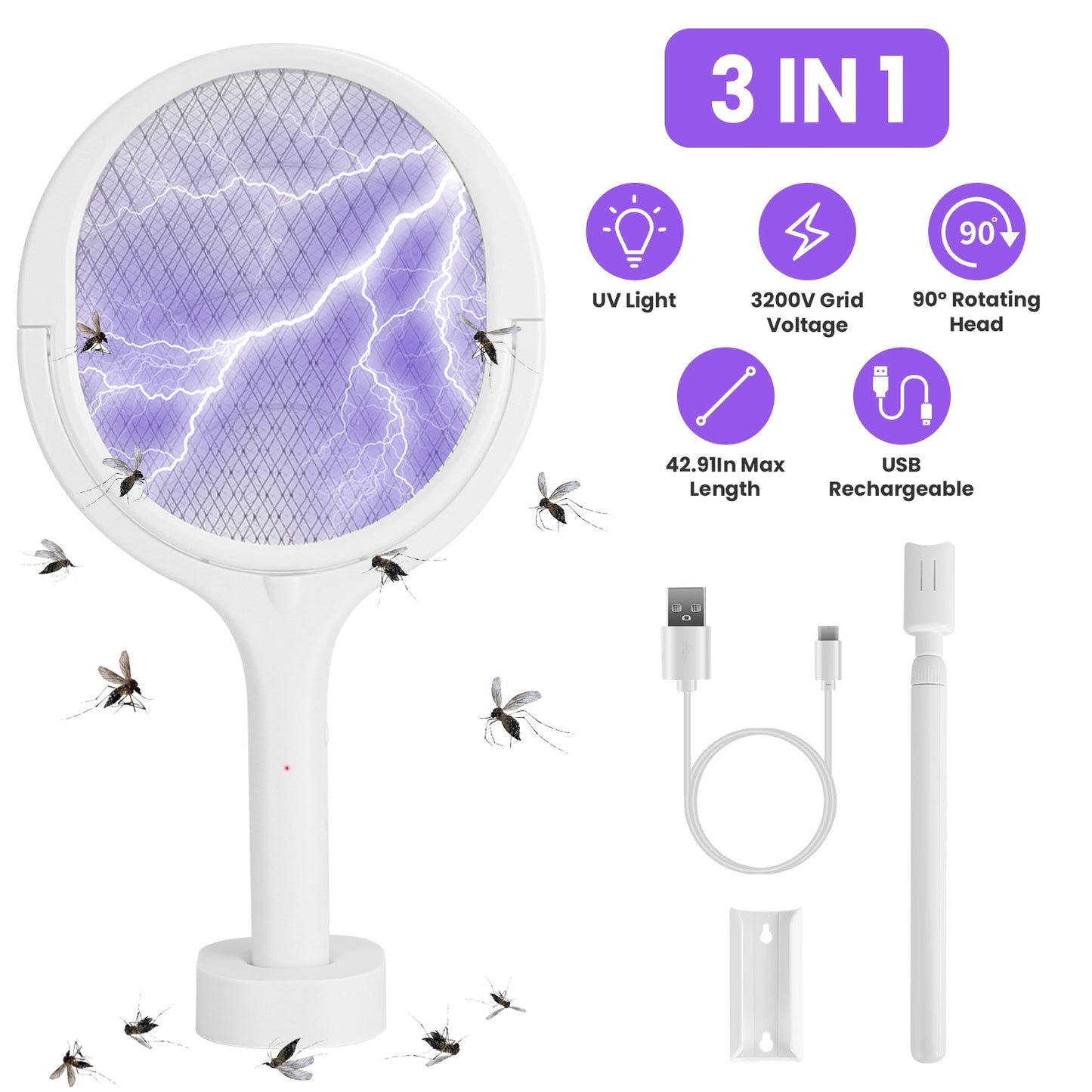 3 In 1 Electric Bug Zapper Racket 90¼Rotating Bug Zapper Wand Indoor Outdoor Handheld Mosquito Swatter with Telescopic Extension Wand