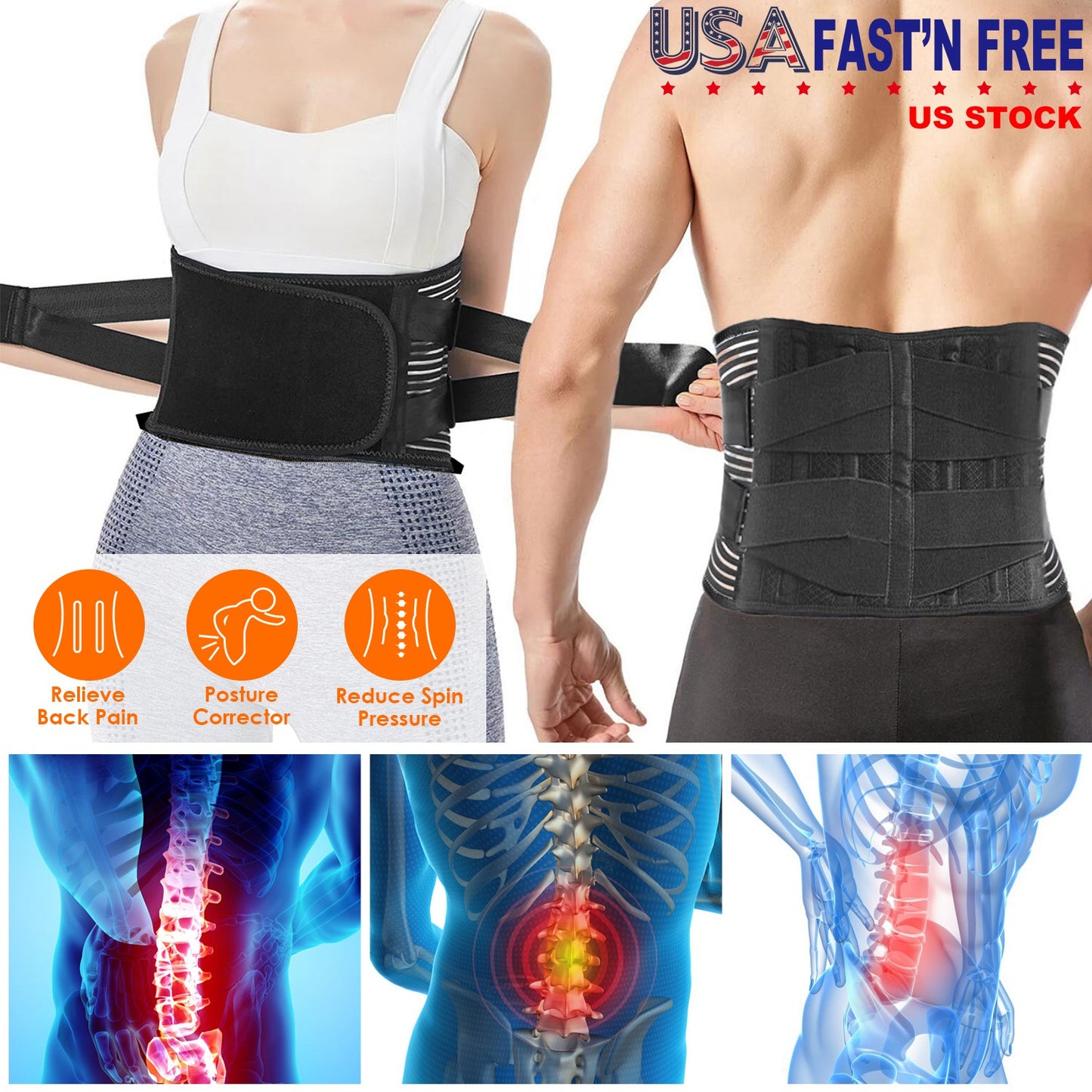 Back Support Brace Breathable Mesh Lumbar Support BeltÊAdjustable Lower Back Brace with Stays and Springs for Pain Relief for Men Women