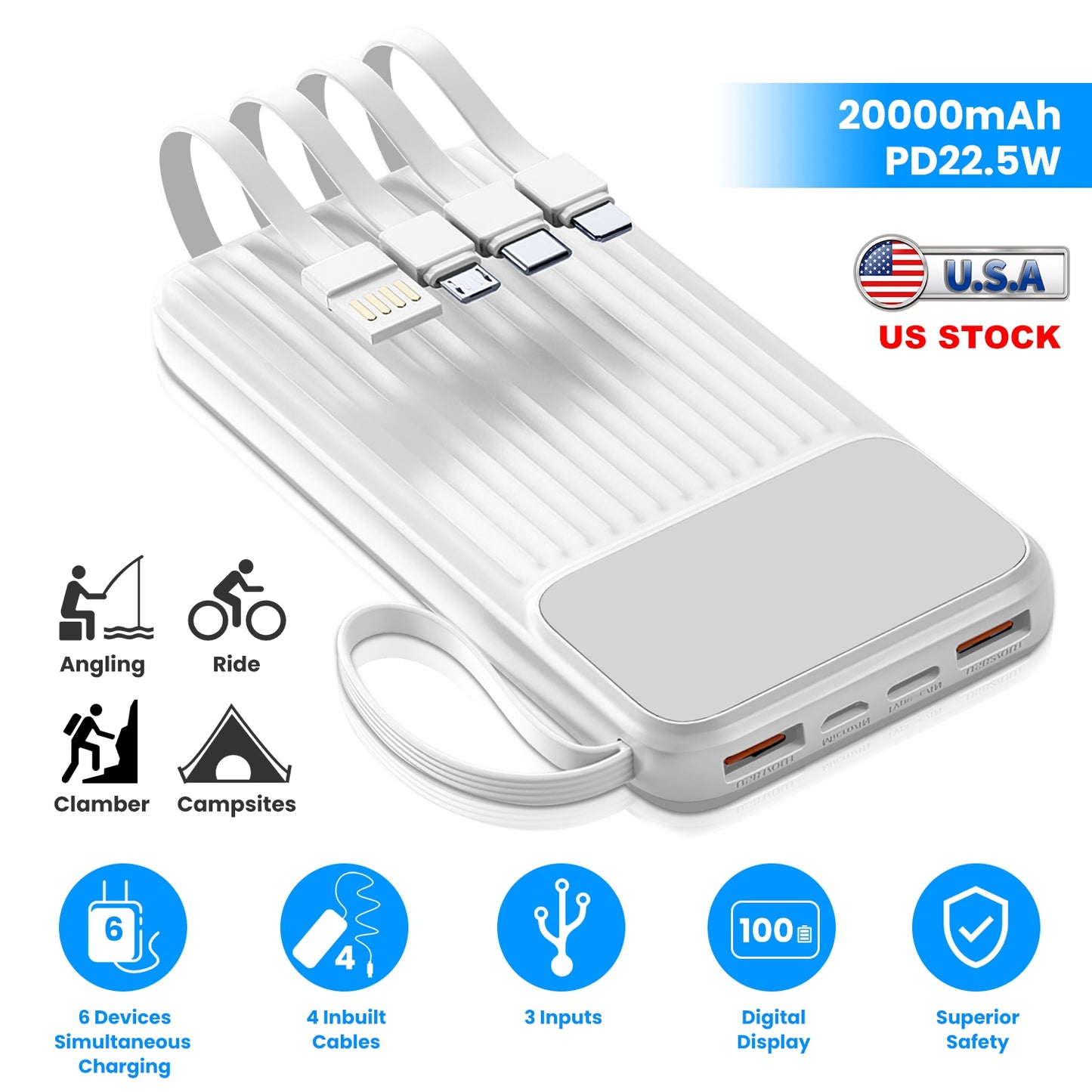 PD22.5W Fast Charger 20000mAh Fast Charging Power Bank Portable Charger with 4 Inbuilt Cables Digital Display Handle Fit For IOSPhone 15/14 Android An