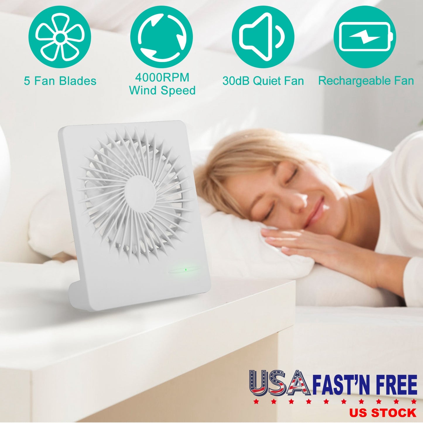 Portable Desk Fan USB Rechargeable Table Cooling Fan Quiet 5 Blades Desktop Fan with 3 Speeds Ajustment for Bedroom Office