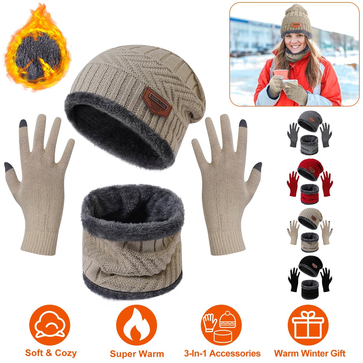 Winter Knitted Hat Scarf Gloves 3Pcs Winter Warm Beanie and Touch Screen Gloves Scarf Set Knit Beanie Skull Cap Neck Warmer Mittens for Men Women