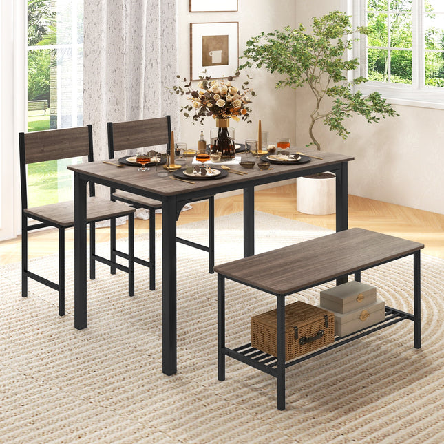 4 Pieces Rustic Dining Table Set with 2 Chairs and Bench