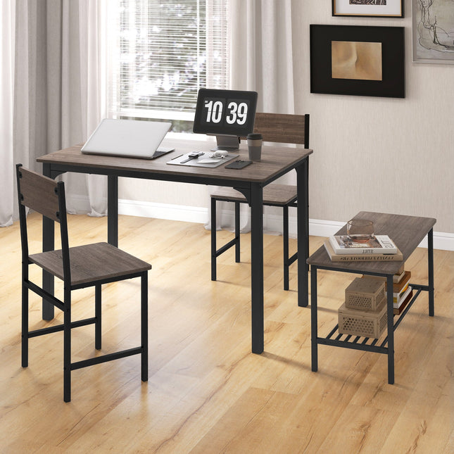 4 Pieces Rustic Dining Table Set with 2 Chairs and Bench