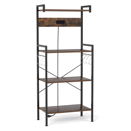 4-Tier Kitchen Bakers Rack with Power Outlet and 8 Hooks-Rustic Brown